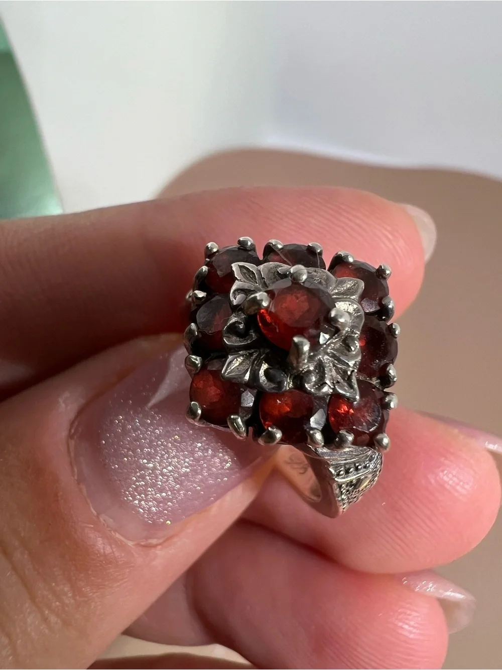 Red Garnet Cluster Sterling Silver Ring